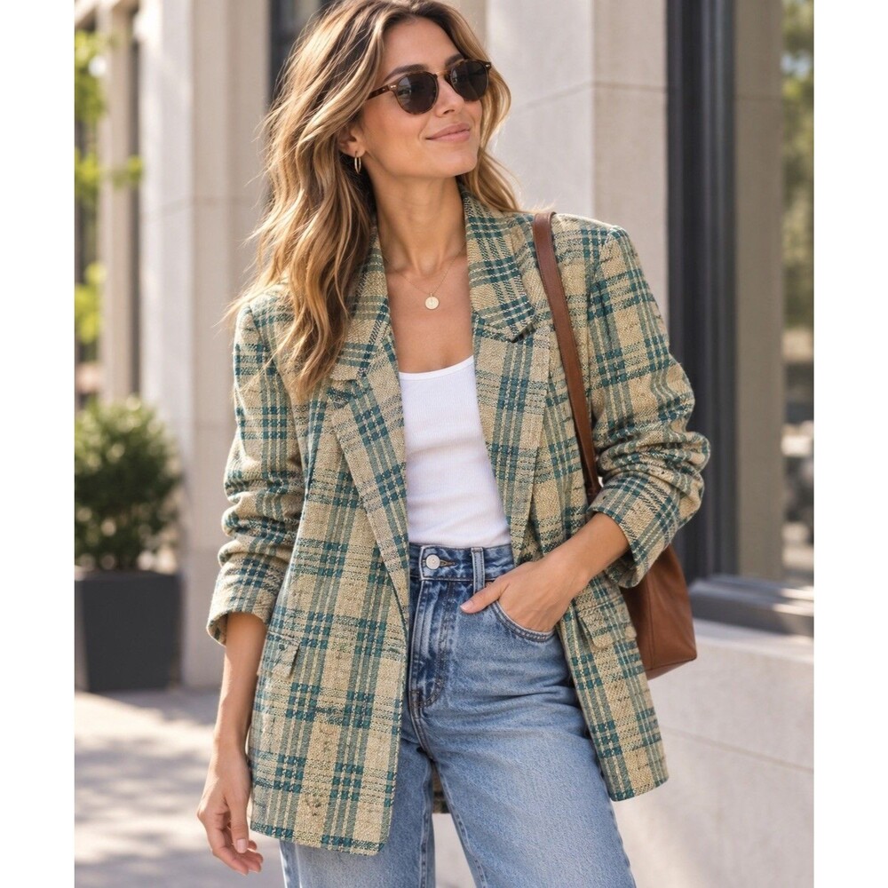 Vintage Anne Klein II Classic Checkered Blazer 100% Linen Green Tan XSmall